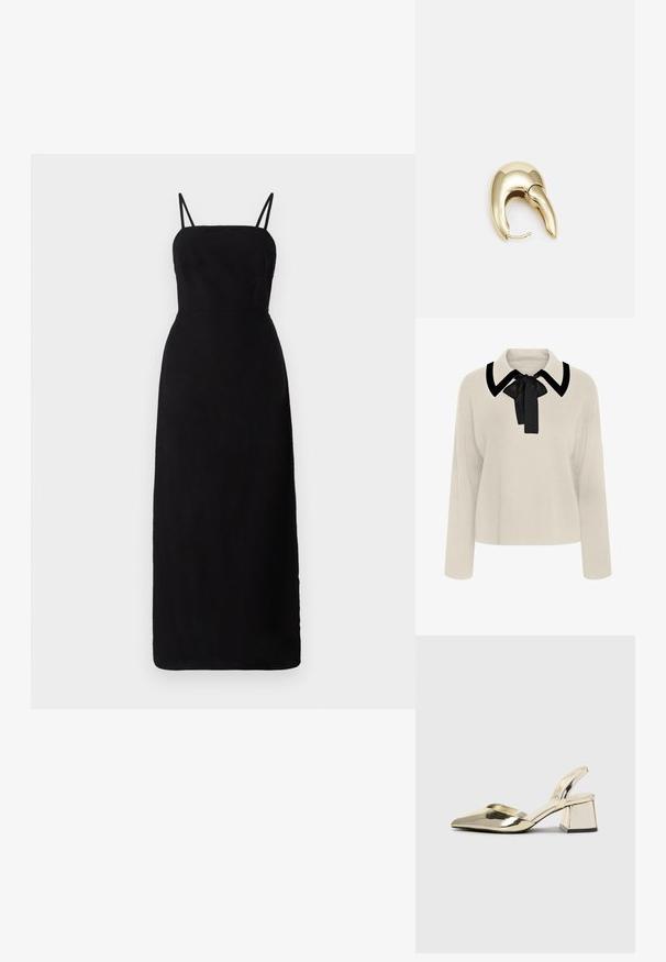 Beige long-sleeve blouse with a black collar and bow detail. Soft texture, relaxed fit, and a cropped length design.; Black, floor-length dress with thin straps, a fitted bodice, and a smooth texture. Minimalist design without patterns or accents.; Gold, metallic slingback heels with a pointed toe and chunky heel. Smooth texture, minimalistic design, and a narrow strap.; Black leather handbag with a curved shape, detachable strap, and gold hardware. The bag features a flap with a buckle detail.; Gold-tone metal earring with a sleek, curved design. Features a distinctive pointed shape, polished surface, and hinge closure.