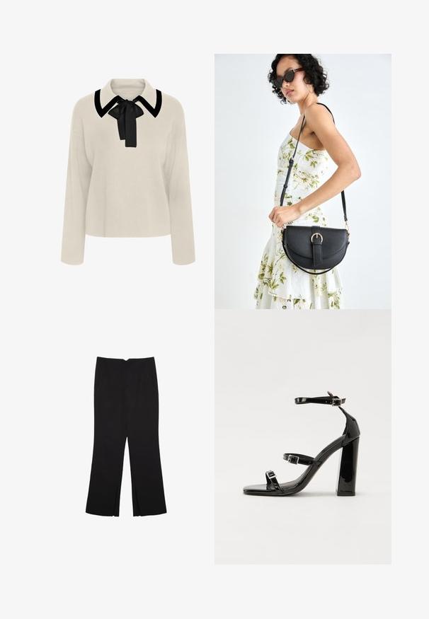 Bež bluzica dugih rukava s crnim ovratnikom i detaljem mašne. Mekana tekstura, opušteni kroj i dizajn skraćene dužine.; Crne hlače ravnog kroja, s prednjim džepovima i bočnim prorezima na rubu. Izrađene od mekog i glatkog materijala. Pogodne za razne prigode.; Crne lakirane sandale na pete sa kvadratnim nosom, trakama oko gležnja i srebrnim kopčama. Imaju čvrst blok petu za stabilnost.; Crna kožna torba s lukovitim oblikom, odvojivim remenom i zlatnim detaljima. Torba ima preklop s kopčom.
