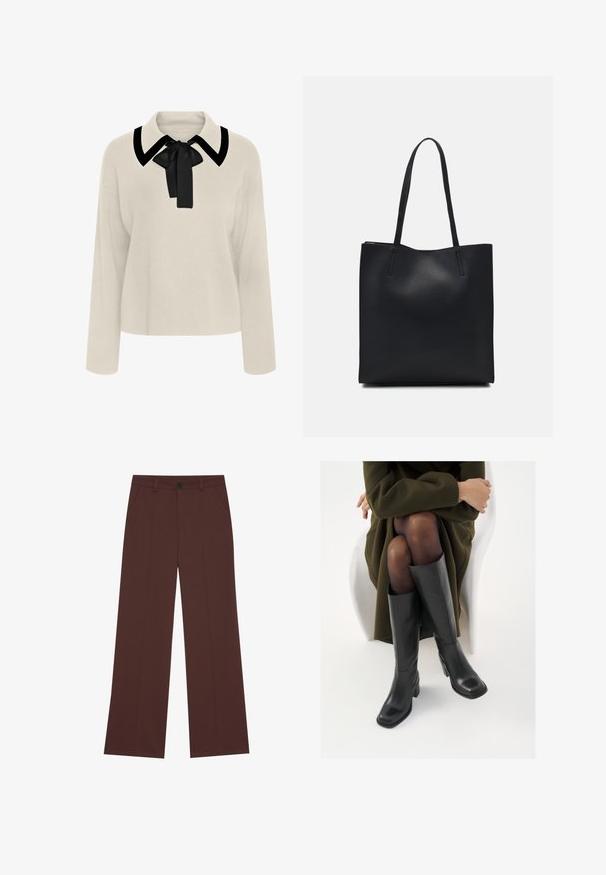 Bežna bluza z dolgimi rokavi in črnim ovratnikom ter detajlom v obliki pentlje. Mehka tekstura, sproščen kroj in krajša dolžina.; Široke hlače iz bogateg rjavega blaga. S funkcijo zaklepanja z gumbom, dvema sprednjima žepoma, gladko teksturo in čistimi liniami.; Črne usnjene čevlje do kolen s kvadratnim prstom in blok peto, prikazani na modelu, ki sedi v olivno zeleni plašču. Gladka tekstura, minimalne podrobnosti.; Črna usnjena torba s svilnato teksturo, pravokotne oblike in dvema dolgima ročajema. Brez vidnih metalnih delov ali okrasnih elementov.