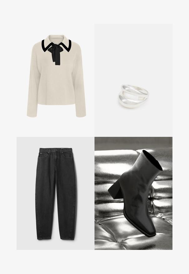 Beige långärmad blus med svart krage och rosett. Mjuk textur, avslappnad passform och kortad längd.; Svarta denimjeans med rakt ben, med fem fickor, knäppning och minimal sömnadsdetalj. Klassisk design och textur.; Svarta ankelboots i glänsande material med fyrkantig tå och avsmalnande klack, placerade mot en glänsande silverfärgad vadderad bakgrund.; Silver ring med dubbel band och en slät, polerad yta. Har en flödande, böjd design med överlappande sektioner för en modern stil.