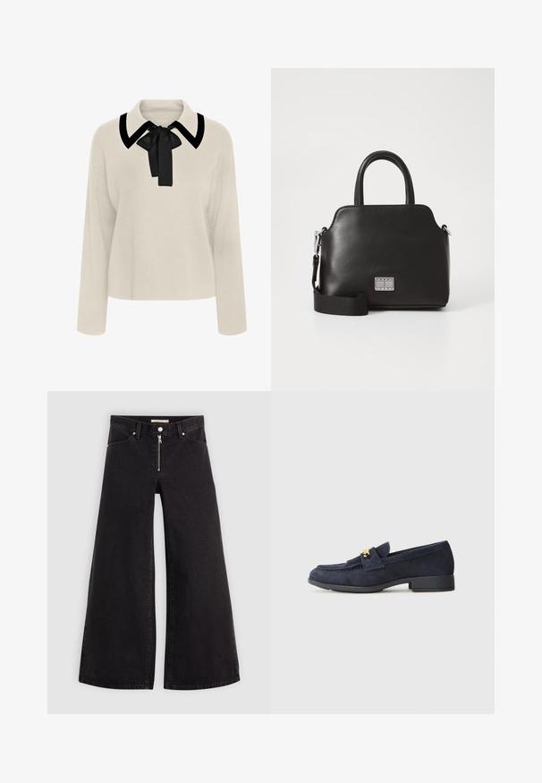 Beige long-sleeve blouse with a black collar and bow detail. Soft texture, relaxed fit, and a cropped length design.; Wide-leg jeans in black denim with a zippered front, five-pocket design, and subtle stitching details. Smooth texture and casual style.; Navy suede loafers with a low black heel, featuring a decorative gold hardware detail on the front and a rounded toe design.; Black synthetic handbag with top handles, detachable shoulder strap, rounded shape, smooth texture, and silver logo accent on the front.