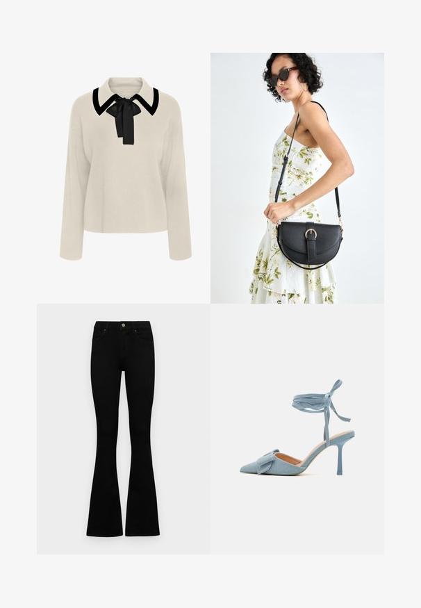 Blusa de manga longa bege com colarinho preto e detalhe de laço. Textura suave, corte relaxado e design cropped.; Jeans pretos de cintura alta com fecho de botão e zíper, bolsos frontais e pernas largas dispostos em cima de um fundo branco.; Sapato de salto alto com biqueira fina em tecido azul claro com acabamento texturizado, apresentando um detalhe em laço e alça para o tornozelo para um ajuste seguro.; Bolsa de couro preta com forma curva, alça destacável e detalhes em dourado. A bolsa possui uma aba com detalhe de fivela.