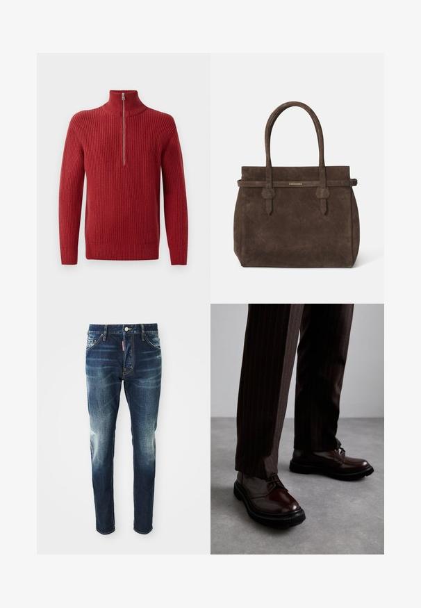 Sarkanais ribotais adīts džemperis ar augstu apkakli un pusi rāvējslēdzēja aizdari. Audums ir teksturēts un silts, piemērots vēsākiem laika apstākļiem.; Balta kokvilnas bez piedurknēm tank top krekliņš ar apaļu kakla izgriezumu, ar gludu tekstūru un pieguļošu formu, paredzēts ikdienas valkāšanai.; Tumši zila džinsu auduma bikses ar šauru piegriezumu, ar izbalējušām vietām uz gurniem un ceļgaliem, piecām kabatām un metāla pogas aizdari.; Brūni ādas šņorējami apavi ar spīdīgu apdari, melna gumijas zole un smalki satīti šuvumi. Valkāti ar svītrainām brūnām biksēm.; Tumši brūns zamšains somiņas ar divām rokturiem un horizontālu siksnu, kurai ir neliels zelta DSQUARED2 logotipa plāksne.