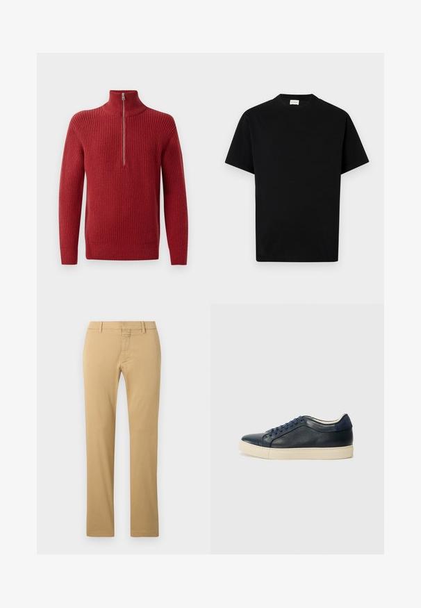 Rode geribbelde gebreide pullover met een hoge kraag en een halve ritssluiting. De textuur is gebreid en warm, geschikt voor koudere weersomstandigheden.; Zwarte katoen t-shirt met ronde hals, korte mouwen en rechte snit. Geen zichtbare patronen of hardwaredetails.; Beige katoenen chino's met een recht model, featuring een platte voorkant, riemlussen en een verborgen ritsluiting.; Marineblauwe leren sneaker met een crèmekleurige rubbersole, voorzien van blauwe veters en een gladde textuur. Ronde neus en minimalistisch ontwerp.