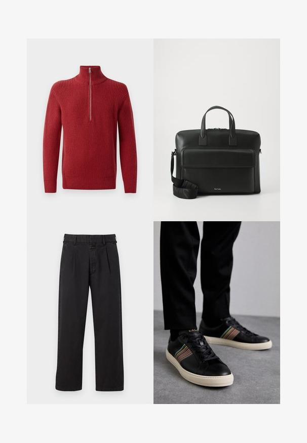 Raudona, raukšlėta megzta palaidinė su aukštu kaklu ir pusiau užtrauktuku. Audinys yra tekstūruotas ir šiltas, tinkamas vėsesniam orui.; Juodos medvilninės kelnės su tiesiu kirpimu, su raukšlėtu priekiu, diržo kilputėmis ir mygtuko uždarymu. Lygus paviršius be raštų.; Juodi odiniai sportbačiai su daugiaspalviais juostuotais akcentais, apvaliu pirštu ir baltais gumos padais, su raišteliais ir įspaustu ženklu.; Juodas odinis darbų krepšys su dviem viršutiniais rankenomis, priekinėmis kišenėmis ir nuimama juosta, su subtiliu prekės ženklu apačioje.