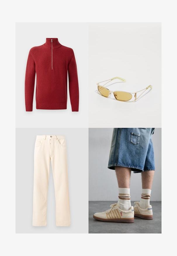 Červený pletený pulovr s vysokým límcem a polovičním zipem. Textura je strukturovaná a teplá, ideální do chladnějšího počasí.; Světlé béžové džíny s rovnými nohavicemi, pěti kapsami a předním zapínáním na knoflík. Šití viditelné podél švů.; Bežové retro tenisky s hnědou gumovou podrážkou, zdobené pruhovanými detaily a vyšitými logy. Nosené s bílými ponožkami, pruhovaný hnědý detail.; Sluneční brýle se žlutým nádechem, s průhledným zlatým rámem, štíhlým obdélníkovým tvarem a úhlovými nohami s světle zelenými akcenty.