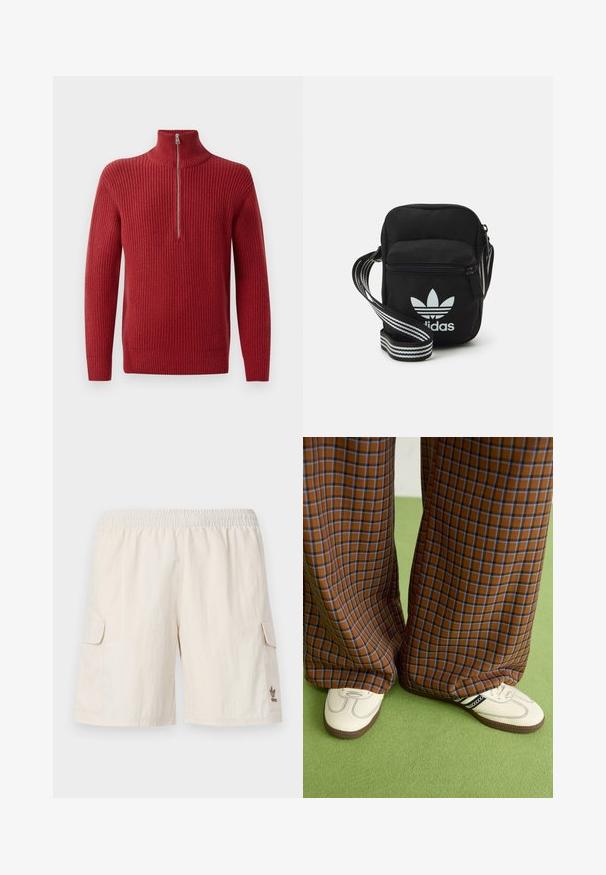 Rdeča rebrasta pletena pulover s visokim ovratnikom in zadrgo na pol. Tekstura je strukturirana in topla, primerna za hladnejše vreme.; Bež cargo kratke hlače z elastičnim pasom, dvema stranskima žepoma in majhnim logotipom na spodnji desni strani. Gladka, lahka tkanina.; Rjave in modre kariraste hlače širokih nogavic, v kombinaciji z belimi čevlji, ki imajo črne poudarke in teksturirane podplate, na zeleni podlagi.; Črna tkaninska torbica čez ramo z zadrgo, ki vsebuje belo Adidasovo logo in pridelano naramnico z več črtami za enostavno nošenje.