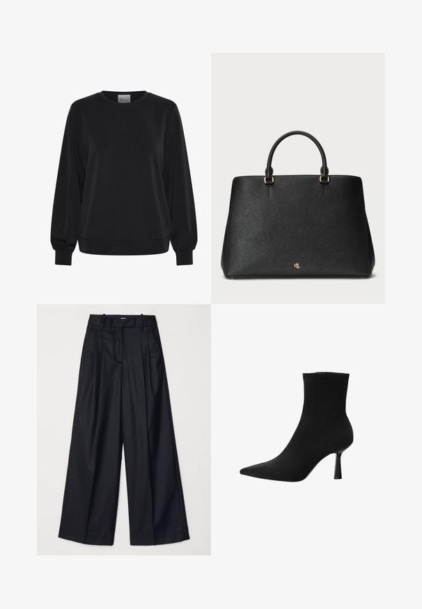 Černá mikina s dlouhými rukávy, kulatým výstřihem a žebrovanými manžetami. Disponuje hladkou texturou a diskrétním logem na přední straně.; Černé kalhoty s širokými nohavicemi vyrobené z hladkého materiálu, s vysokým pasem, sklady a přizpůsobeným střihem. Jednoduché černé kování v pase.; Černá kotníková bota vyrobená z hladké textilie, s špičatou špičkou a úzkým stiletto podpatkem, s bezešvým designem a bez viditelného kování.; Černá kožená kabelka se strukturovaným designem, hladkým povrchem a dvěma vrchními uchy. Obsahuje zlaté akcenty a logo na spodku.