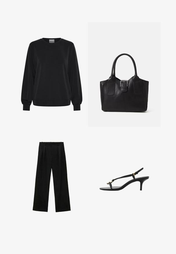 Black sweatshirt with long sleeves, crew neck, and ribbed cuffs. Features a smooth texture and a subtle logo detail on the front.; Black wide-leg trousers with pleats, featuring a smooth texture and a high waist design. Minimalist style, no visible hardware or embellishments.; Black leather kitten heel sandal with thin straps, gold buckle, and minimalist toe loop on a white background.; Black leather tote bag with smooth texture, structured shape, two handles, and a prominent silver buckle detail on the front.