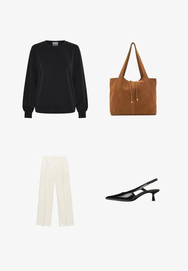 Čierna mikina s dlhými rukávmi, okrúhlym výstrihom a rebrovanými manžetami. Má hladkú textúru a jemný detail loga vpredu.; Široké nohavice vo svetlej krémovej farbe. Vyrobené z hladkej látky s skladmi vpredu a bočnými vreckami.; Čierne lakované kožené lodičky na podpätku s špicatou špičkou, výrezovým dizajnom na boku a malým štvorcovým podpätkom. Hladký povrch s minimálnymi akcentmi.; Hnedá semišová taška cez rameno s dvoma dlhými popruhmi, sťahovacou šnúrkou a minimalistickým dizajnom. Hladký povrch a žiadne viditeľné kovové doplnky.
