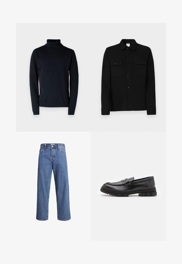Mørk marineblå høyhalset genser laget av myk og elastisk stoff. Har lange ermer og ribbestrikkede mansjetter og kant. Enkelt, rent design.; Svart skjorte med knapper laget av glatt stoff, med to brystlommer, krage med spiss og knappeender. Enkelt design med minimal detailing.; Lyse blå denimjeans med rett ben, høy midje og minimale sømdetaljer. Stoffet har en myk, lett bleket tekstur.; Sorte skinnloafers med en glatt overflate, med et frontreim-detalj og en kraftig gummisåle med rillete detaljer.