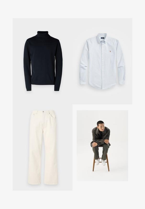 Maglione a dolcevita di un elegante blu scuro realizzato in tessuto morbido e elasticizzato. Presenta maniche lunghe e polsini e orlo a coste. Design semplice e pulito.; Camicia button-up a righe blu chiaro con maniche lunghe, colletto e un piccolo logo rosso ricamato sul petto. Tessuto in cotone.; Jeans a gamba larga color crema realizzati in denim, con un classico design a cinque tasche e chiusura con bottone metallico in vita.; Giacca di pelle marrone con un ampio colletto, abbinata a jeans verde scuro e sneaker bianche. Il modello è seduto su uno sgabello di legno.