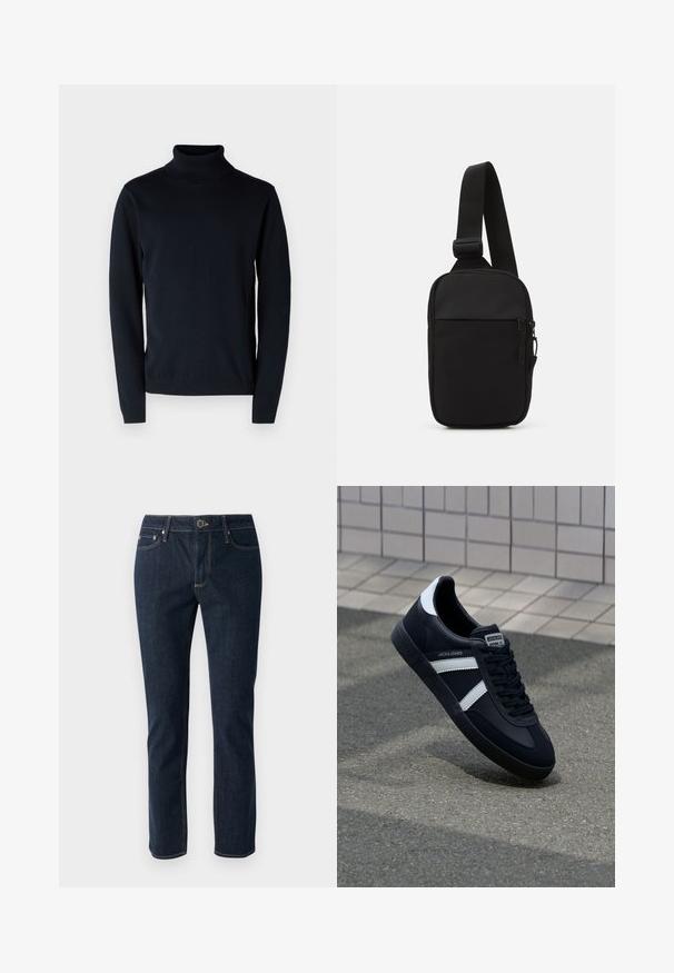 Maglione a dolcevita di un elegante blu scuro realizzato in tessuto morbido e elasticizzato. Presenta maniche lunghe e polsini e orlo a coste. Design semplice e pulito.; Jeans in denim blu scuro con un design a gamba dritta, dotati di chiusura a bottone, cinque tasche e cuciture a contrasto. Texture liscia.; Sneaker neri in pelle con strisce bianche, suola in gomma texturizzata e allacciatura frontale. Presenta un'etichetta con il marchio sulla linguetta.; Borsa a tracolla nera realizzata in tessuto resistente, con una singola tracolla regolabile, un compartimento principale con zip e una tasca frontale.