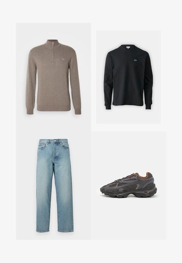 GANT HALF ZIP - Neule - dark hazelnut melange; Musta pitkähiha t-paita, joka on valmistettu puuvillasta. Paita on varustettu pyöreällä kaula-aukolla ja vasemmassa rinnassa on pieni vihreä brodeerattu krokotiililogo.; Vaaleansiniset farkut, joissa on löysä malli, suorat lahkeet, viisi taskua ja nappikiinnitys vyötäröllä. Minimalistinen ommel yksityiskohta.; Lacoste-tennar i mörkgrått med nät- och syntetmaterial, med en texturerad sula och bruna accenter på kragen och märket.