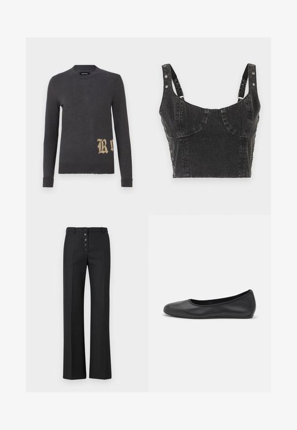 Grey long-sleeve sweater in a soft knit material featuring a large beige letter "R" at the bottom left. Round neckline and fitted cuffs.; Ksubi DAUPHINE BUSTIER SHADOW - Top - black; The Kooples PANTALON - Trousers - black; Black leather ballet flat with a rounded toe, smooth texture, minimal stitching detail, and a flexible sole design.