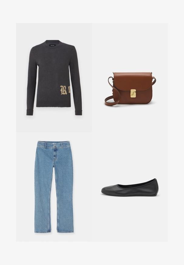Pull gris à manches longues en matière tricot douce, avec une grande lettre beige "R" en bas à gauche. Encolure arrondie et poignets ajustés.; T-shirt blanc à manches courtes en tissu côtelé. Col rond, coupe régulière et détails de couture subtils. Aucune motif ni graphique.; Jean en denim bleu clair à jambe droite avec fermeture à bouton et à fermeture éclair, passants de ceinture et couture standard sur fond blanc.; Ballerines en cuir noir avec un bout rond, texture lisse, détails de couture minimalistes et design de semelle flexible.; Sac à main en cuir marron avec une fermeture à rabat, des accents en métal doré, une bandoulière et une texture lisse. Forme rectangulaire compacte.