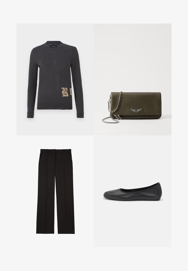 Grijze lange mouwen trui van een zachte breimateriaal met een grote beige letter "R" rechtsonder. Ronde hals en aansluitende manchetten.; Zwarte op maat gemaakte broek van een gladde stof, met een rechte pijp en twee zijzakken. Elegante en minimalistische constructie.; Zwarte leren ballerina met een ronde neus, gladde textuur, minimale stikdetails en een flexibele zoolontwerp.; Olijfgroene leren clutch met een metalen vleugelaccent, voorzien van een kettinghengsel en ritssluiting, met een gladde textuur en rechthoekige vorm.