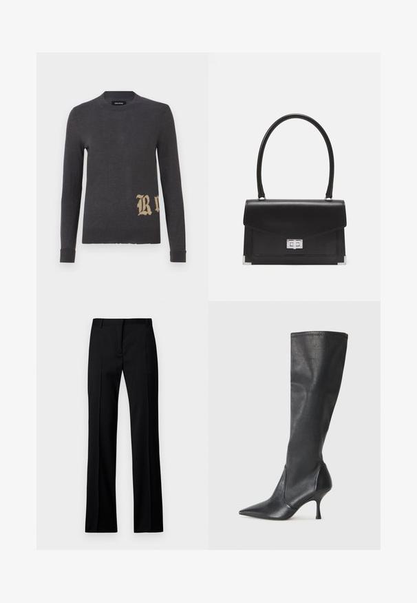 Suéter gris de manga larga en un material de punto suave que presenta una gran letra "R" beige en la parte inferior izquierda. Cuello redondo y puños ajustados.; Pantalones negros de pierna recta en tejido liso, con una parte frontal plana, pasadores para cinturón y sin bolsillos visibles ni adornos.; Botas de cuero negro hasta la rodilla con punta afilada y tacón de aguja delgado. Textura suave con un diseño ajustado y costuras en el borde superior.; Bolso de mano de cuero negro con un diseño estructurado, un asa superior y un broche plateado. Presenta acentos en las esquinas y una textura suave.