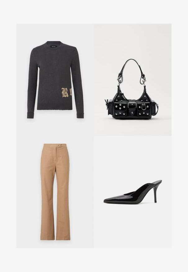 Szary sweter z długim rękawem wykonany z miękkiego materiału o dzianinowej fakturze, z dużą beżową literą "R" na dole po lewej stronie. Okrągły dekolt i dopasowane mankiety.; Beżowe spodnie dopasowane w fasonie dzwonów, wykonane z gładkiego materiału, z zapięciem na guzik z przodu i dwoma bocznymi kieszeniami.; Czarne lakierowane mule na wysokim obcasie z wąskim noskiem i elegancką sylwetką, charakteryzujące się otwartym tyłem i smukłym szpilką.; Czarna skórzana torebka w zakrzywionym kształcie, z srebrnymi ćwiekami, klamrą i dwoma bocznymi kieszeniami. Regulowany pasek umożliwiający różne opcje noszenia.