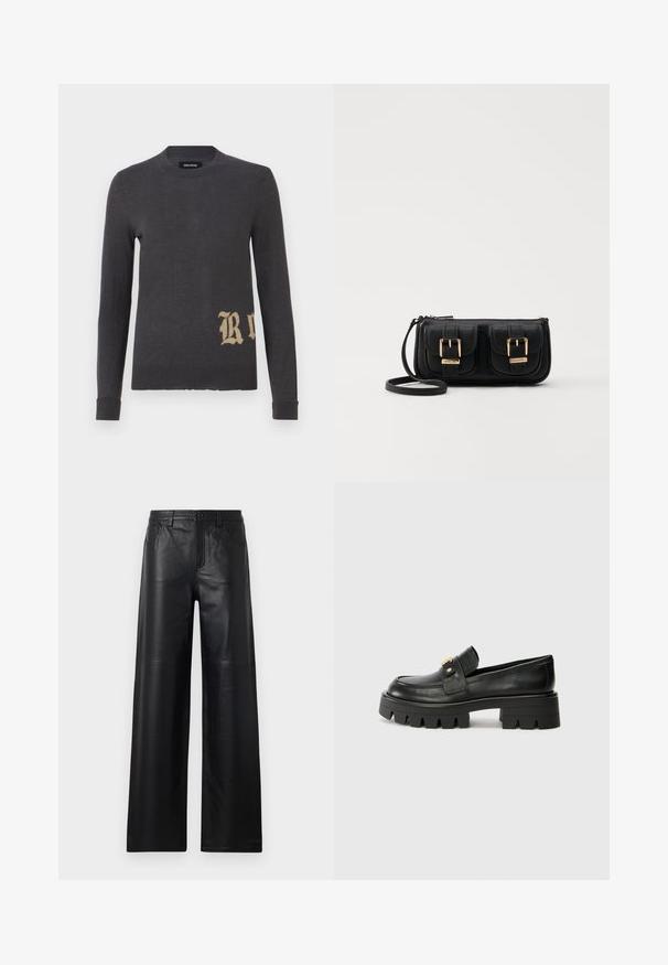 Grijze lange mouwen trui van een zachte breimateriaal met een grote beige letter "R" rechtsonder. Ronde hals en aansluitende manchetten.; Zwarte leren broek met wijde pijpen en een gladde textuur, voorzien van voorzakken, een knoopsluiting en subtiele stiksels.; Zwarte leren instappers met een chunky zool, met een goudkleurige accent aan de voorkant en een gladde afwerking. Chunky profielontwerp op de zool.; Zwarte leren schoudertas met twee vo pockets, gouden gespen, ritsluiting en een smalle band. Tekstuur oppervlak en compacte rechthoekige vorm.