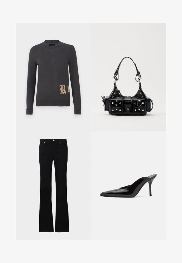 Grey long-sleeve sweater in a soft knit material featuring a large beige letter "R" at the bottom left. Round neckline and fitted cuffs.; Black flared jeans made of denim, featuring two front pockets, a button closure, and a smooth texture. Signature stitching visible at seams.; Black patent leather high-heeled mule with a pointed toe and a sleek silhouette, featuring an open back and a slender stiletto heel.; Black leather handbag with a curved design, featuring silver studs, a buckle, and two side pockets. Adjustable strap for carrying options.