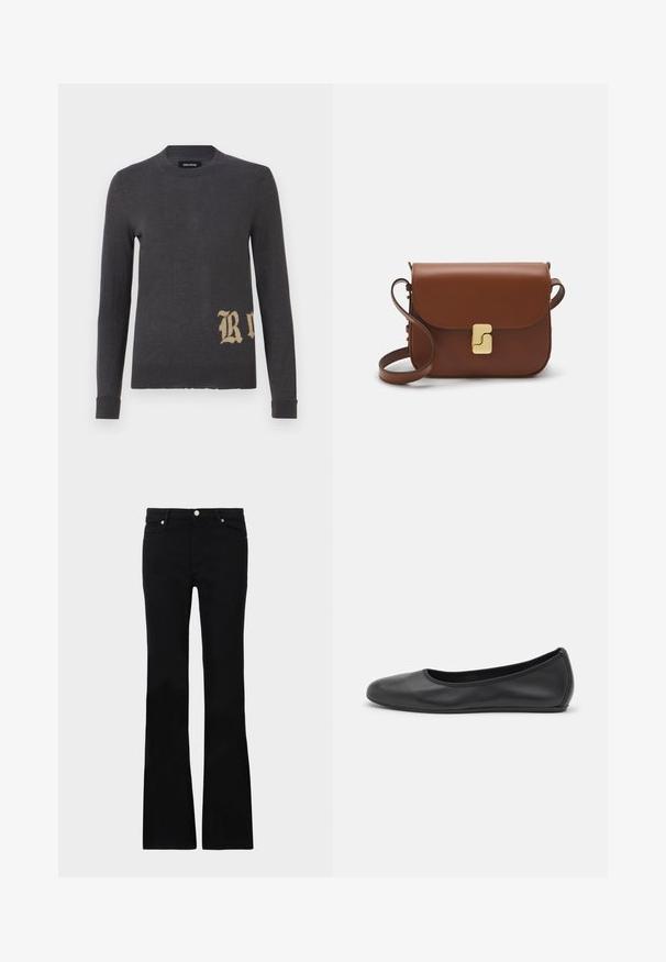 Grey long-sleeve sweater in a soft knit material featuring a large beige letter "R" at the bottom left. Round neckline and fitted cuffs.; Black flared jeans made of denim, featuring two front pockets, a button closure, and a smooth texture. Signature stitching visible at seams.; Black leather ballet flat with a rounded toe, smooth texture, minimal stitching detail, and a flexible sole design.; Brown leather handbag with a flap closure, gold-tone hardware, a shoulder strap, and a smooth texture. Compact rectangular shape.