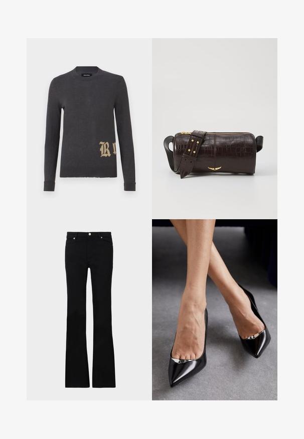 Szürke hosszú ujjú pulóver puha kötött anyagból, amelynek alján bal oldalon egy nagy bézs "R" betű található. Kerek dekoltázs és szűkített mandzsetta.; Fekete, bővülő szárú farmernadrág, két elülső zsebből áll, gombos záródással és sima textúrával rendelkezik. A varrásoknál látható a jellegzetes öltés.; Fekete bőrből készült magassarkú cipők, hegyes orral és nyitott kialakítással, dísz ezüst kiegészítővel. Simává polírozott textúrával.; Barna krokodilbőr hatású bőr táska henger alakú, arany tónusú fémveretekkel és lecsatolható, szegecsekkel díszített pánttal.