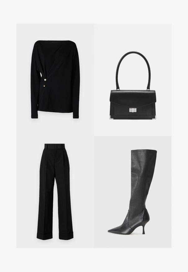 Black long-sleeve top with an off-shoulder neckline, draped front, and three decorative buttons in white, gold, and brown on the side.; High-waisted black trousers made of cotton. Features a wide-leg design, pleats, and rolled cuffs. Smooth texture, no visible patterns or hardware.; Knee-high black leather boots with a pointed toe and a slim stiletto heel. Smooth texture with a fitted design and stitching at the top edge.; Black leather handbag with a structured design, a top handle, and a silver clasp. Features corner accents and smooth texture.