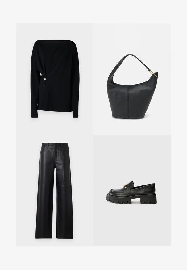 Černý top s dlouhým rukávem a off-shoulder výstřihem, s překládaným předním dílem a třemi ozdobnými knoflíky v bílé, zlaté a hnědé barvě na boku.; Široké černé kožené kalhoty s hladkou texturou, s předními kapsami, zapínáním na knoflík a jemnými švy.; Černé kožené mokasíny s robustní podešví, které mají zlatý akcent na přední části a hladký povrch. Robustní vzor protiskluzu na podešvi.; Černá kožená kabelka zaobleného tvaru, s širokým popruhem a texturovaným povrchem. Obsahuje jemné švy a akcenty ve zlatém tónu.