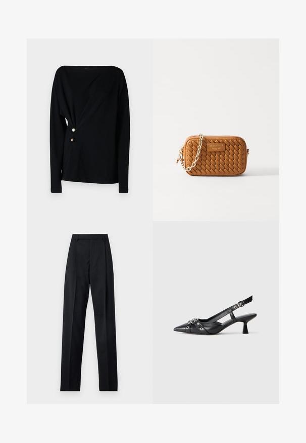 Μαύρο μακρυμάνικο τοπ με ντεκολτέ εκτός ώμου, πτυχωτό μπροστινό μέρος και τρία διακοσμητικά κουμπιά σε άσπρο, χρυσό και καφέ στο πλάι.; Μαύρο παντελόνι φτιαγμένο από λείο ύφασμα με ψηλή μέση, φαρδιές γάμπες, πλάγιες πιέτες και κλασσικές θηλιές ζώνης. Δεν υπάρχουν ορατές πλαϊνές τσέπες.; Μαύρο δερμάτινο παπούτσι slingback με μυτερή μύτη, διακοσμητικές λωρίδες με μεταλλικά μάτια και χαμηλό μπλοκ τακούνι. Υφή επιφάνειας.; Καφέ πλεγμένη δερμάτινη τσάντα φάκελος με μεταλλική αλυσίδα και ορθογώνιο σχήμα. Διαθέτει πλακέτα λογότυπου στο μπροστινό μέρος. Λεία υφή.