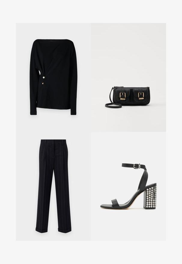 Zwart langemouwen top met een off-shoulder halslijn, gedrapeerde voorkant en drie decoratieve knopen in het wit, goud en bruin aan de zijkant.; Zwarte broek met streepjes in een getailleerde pasvorm, voorzien van een omgeslagen zoom en voorplooien. Gemaakt van een gladde stof met een gestructureerd ontwerp.; Zwarte leren haksandalen met een enkelbandje. Met een vierkante neus, een gladde textuur en een vierkante blokhak versierd met zilveren studs.; Zwarte leren schoudertas met twee vo pockets, gouden gespen, ritsluiting en een smalle band. Tekstuur oppervlak en compacte rechthoekige vorm.