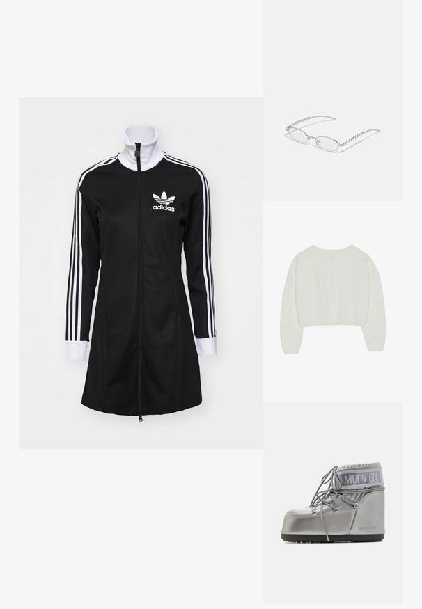 Witte cropped sweater met kabelbrei-textuur, brede mouwen en een ronde halslijn, met een gestructureerd patroon aan de achterkant.; Zwarte zip-up jas met een hoge kraag, wit Adidas-logo en drie witte strepen langs de mouwen. Glad textiel.; Zilveren waterdichte boot met een afgeronde vorm, een gestructureerde afwerking en grijze veters. Kenmerkt zich door een opvallend "MOON BOOT" logo op het bovenste deel.; Ovale brillen met een metallic zilveren montuur, heldere glazen en getextureerde kraalaccenten op de tempels. Lichtgewicht ontwerp met gebogen armen.; Zwarte lederen handtas met gevlochten handvatten, ritsvak en hangende franjes. Gelaagde oppervlakte met metalen studs en hardwareaccenten.