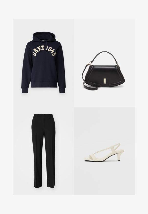 Granatowy sweatshirt z kapturem wykonany z miękkiego materiału. Posiada kieszeń kangurką, ściągacze na rękawach oraz kontrastowe haftowanie "GANT 1949" na klatce piersiowej.; Czarne spodnie o dopasowanym kroju z prostymi nogawkami, o gładkiej fakturze i wyraźnych zagięciach z przodu. Bez widocznych elementów metalowych.; Beżowe sandały na blokowym obcasie z cienkimi ramiączkami i kwadratowym noskiem. Gładki materiał z minimalną ilością detali, zaprojektowane z myślą o łatwym zakładaniu.; Czarna skórzana torebka o strukturalnym designie, z przyciętą formą, górnym uchwytem i złotymi akcentami. W zestawie regulowany pasek na ramię.