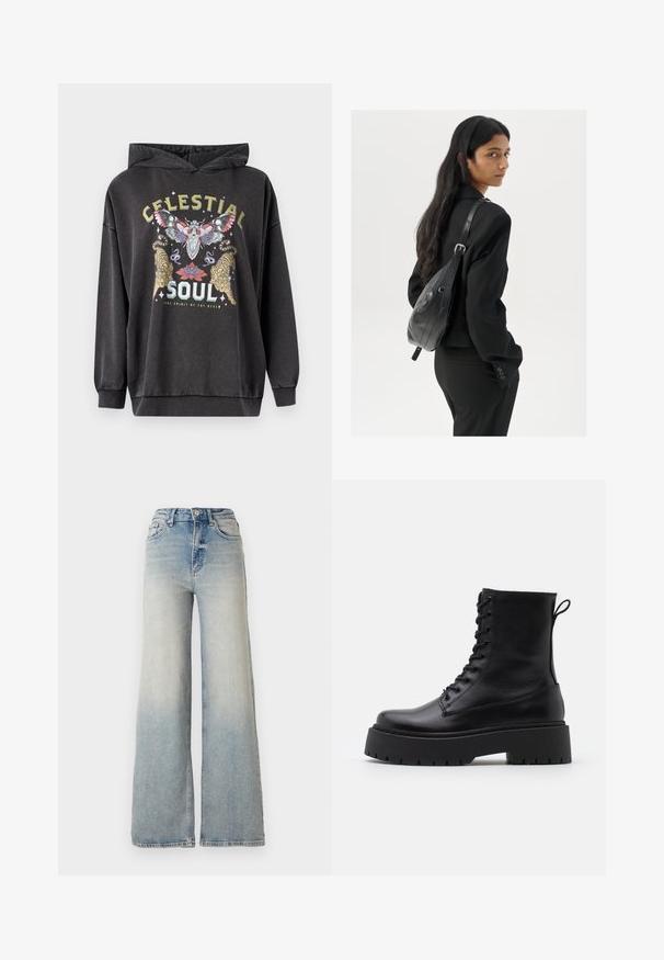 Tmavě šedá mikina s kapucí s barevným grafikou obsahující motýla, dvě tygří a květinové akcenty. Hladké manžety a spodní lem.; Světle modré široké džínsy vyrobené z denimu, s vysokým pasem, pěti kapsami a viditelným švem podél švů.; Černé kožené kotníkové boty s kulatou špičkou, šněrováním na přední straně a silnou gumovou podešví s texturovaným vzorkem. S poutkem vzadu.; Žena s dlouhými tmavými vlasy, oblečená v černém obleku, nese černou koženou kabelku přes rameno a dívá se přes rameno na bílém pozadí.