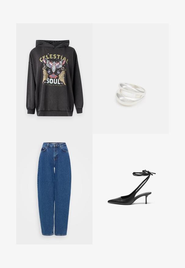 Tamsiai pilkas gobtuvas su spalvinga grafika, kurioje pavaizduota drugelis, du tigriai ir gėlės. Raukiniai ant rankovių ir apačios.; Mėlyni džinsai su laisvu siluetu, aukštu liemeniu ir tiesiomis kojomis. Yra tradiciniai siuvimo elementai ir penki kišeniai.; Juodas odinis stiletto batelis su smailiu nosiu, atvira nugara ir užrištomis kulkšnies juostelėmis. Plonas 3 colių kulnas. Lygi tekstūra, minimalistinis dizainas.; Sidabrinis dvigubas žiedas su lygiu, poliruotu paviršiumi. Pasižymi sklandžiu, kreiptu dizainu su persipinančiomis dalimis, suteikiančiomis modernų išvaizdą.