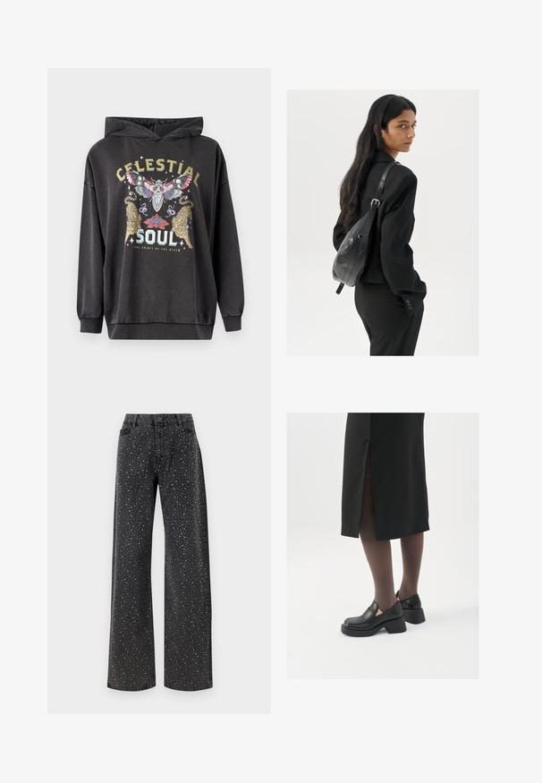 Tummanharmaa huppari, jossa on värikäs grafiikka, jossa on perhonen, kaksi tiikeriä ja kukkaakselit. Ribattu hihansuut ja helma.; Noisy May NMJANNEL LOOSE - Relaxed fit -farkut - black denim; Mustat nahkakengät pyöreällä kärjellä, paksulla lohkopohjalla ja joustavilla sivuakkesseilla, yhdistettynä tummiin sukkahousuihin ja mustaan hameeseen, jossa on halkio.; Nainen, jolla on pitkä tumma hius, pukeutuneena mustaan pukuun, kantaa mustaa nahkatoimistolaukku ja katsoo yli olkansa valkoista taustaa vasten.; Hopehope hopeilla, joissa on minimalistinen muotoilu. Pyöreä muoto, sileä pinta ja ohut profiili. Kevyet ja kiillotetut.