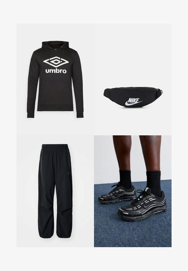 Svart hettegenser med frontlomme og snor, med en stor hvit diamantlogo og "umbro" tekst på brystet. Glatt stofftekstur.; Sorte lettvekts cargo-bukser i svart med elastisk midje, sidelommer med glidelås og romslige lommer. Har en løs passform og innsnørede mansjetter.; Sorte Nike-sko har en mesh-overdel med aksentstriper, teksturert snøring og en svart gummisåle. Brukt med svarte ribbede sokker.; Svart nylon belteveske med glidelås, med en stor hvit Nike-logo. Jevn tekstur og ergonomisk design for komfortabel bruk.