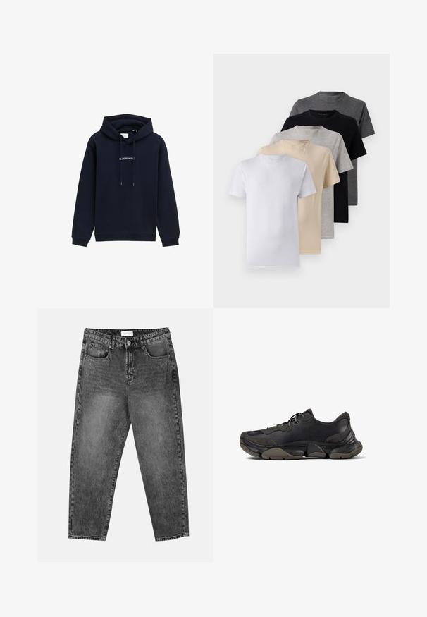 Námornícky modrá mikina vyrobená z jemnej tkaniny, s kapucňou na šnúrku, rebrovanými manžetami a potlačeným logom na hrudi.; Sada piatich tričiek s krátkym rukávom v bielej, béžovej, svetlošedej, tmavošedej a čiernej farbe. Vyrobené z hladkej bavlny, s dizajnom okrúhleho výstrihu.; Čierne pranie rovné nohavice s prednými a zadnými vreckami, pútkami na opasok a zapínaním na gombík v páse.; Čierne atletické tenisky s textúrovanou podrážkou, koženým a semišovým zvrškom, vypchatým golierom a šnurovaním, zobrazené z bočného profilu.