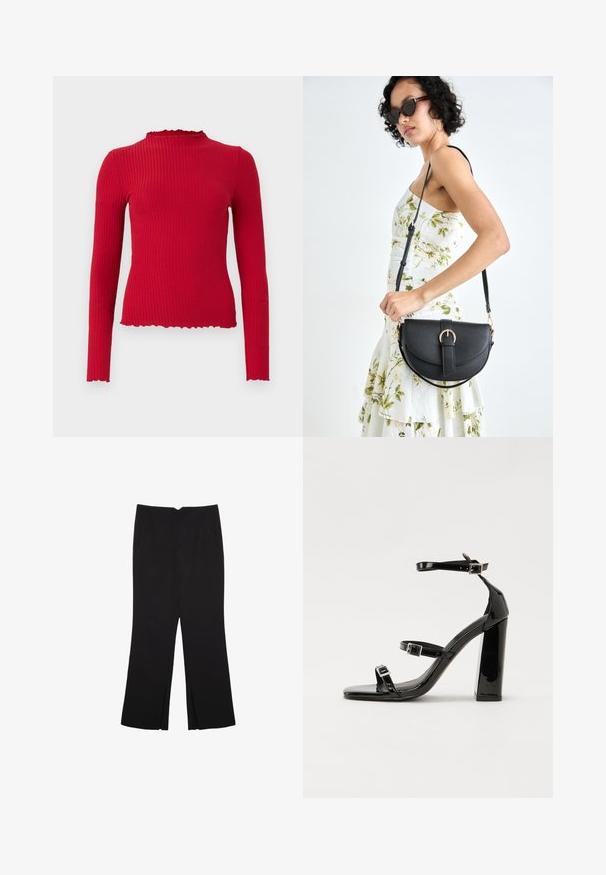 Rød ribbet langærmet top med høj halsudskæring og bølgede kantkanter, der har en tætsiddende form og glat tekstur.; Sorte bukser med lige pasform, der har frontlommer og slidser i kanten. Lavet af blødt, glat stof. Velegnet til forskellige anledninger.; Sorte patenterede hælsandaler med firkantet tå, ankelremme og sølvspænder. Har en chunky blokHæl for stabilitet.; Sort læderhåndtaske med en buet form, aftagelig rem og guldfinish. Tasken har en klap med en spænde detalje.