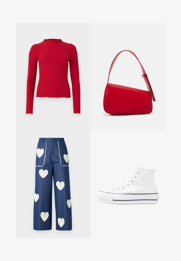 Rot gestreifter Langarmoberteil mit hohem Kragen und gewelltem Saum, der eine enganliegende Form und eine glatte Textur aufweist.; Sister Jane HEART TO HEART - Jeans Straight Leg - blue denim; Weiße hochwertige Leinensneaker mit schwarzer Gummisohle, vorderem Gummizehenschutz und sechs Ösen für Schnürsenkel, die ein sauberes, minimalistisches Design aufweisen.; Rote Lederhandtasche mit einem kantigen, geometrischen Design. Verfügt über einen verstellbaren Schulterriemen und einen Klappenverschluss mit genähten Details.