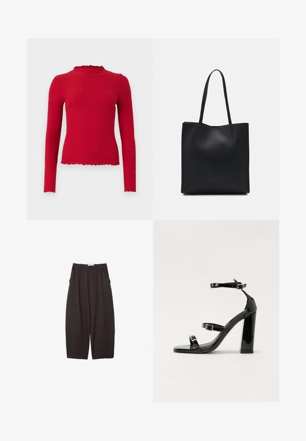 Rød ribbet langærmet top med høj halsudskæring og bølgede kantkanter, der har en tætsiddende form og glat tekstur.; Sorte brede bukser lavet af et glat stof, med høj talje, forfaldne folder og sidelommer. Simpelt design uden udsmykninger.; Sorte laklædersandaler med høje hæle, to spænderemme, firkantet tå og en kraftig blokhæl, der har en glat, blank overflade.; Sort læder tote taske med glat tekstur, rektangulær form og to lange hanke. Ingen synlig hardware eller udsmykninger.