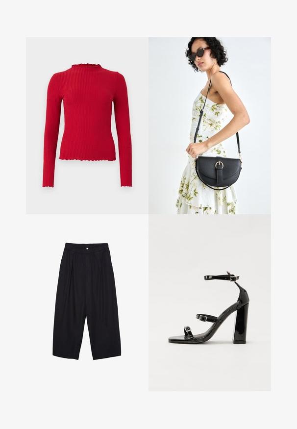 Top a manica lunga rosso a coste con collo alto e bordi scallopati, caratterizzato da una forma aderente e una texture liscia.; Pantaloni culotte neri in poliestere con una cintura elastica, due pieghe frontali e una silhouette ampia. Nessun motivo visibile o dettagli in metallo.; Sandali con tacco in vernice nera, con punta squadrata, cinturini alla caviglia e fibbie in argento. Presentano un tacco a blocco spesso per maggiore stabilità.; Borsa a tracolla nera in pelle con una forma curva, manico rimovibile e accessori dorati. La borsa presenta una patta con un dettaglio a fibbia.