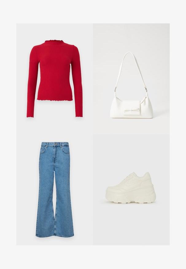 Top lung cu maneci lungi, de culoare roșie, cu un guler înalt și margini zimțate, având o formă ajustată și o textură netedă.; Jeanși evazați de culoare albastru deschis, din denim, cu talie înaltă, cinci buzunare și închidere cu un singur buton. Textură moale cu un finisaj decolorat.; Adidași platformă albi, cu un superior neted asemănător cu pielea, formă rotunjită, guler căptușit și talpă din cauciuc texturată cu borduri bine definite.; Geantă sintetică albă, cu formă triangulară, capac frontal plat și detaliu cu fundă, curea ajustabilă, textură netedă și design minimalist.