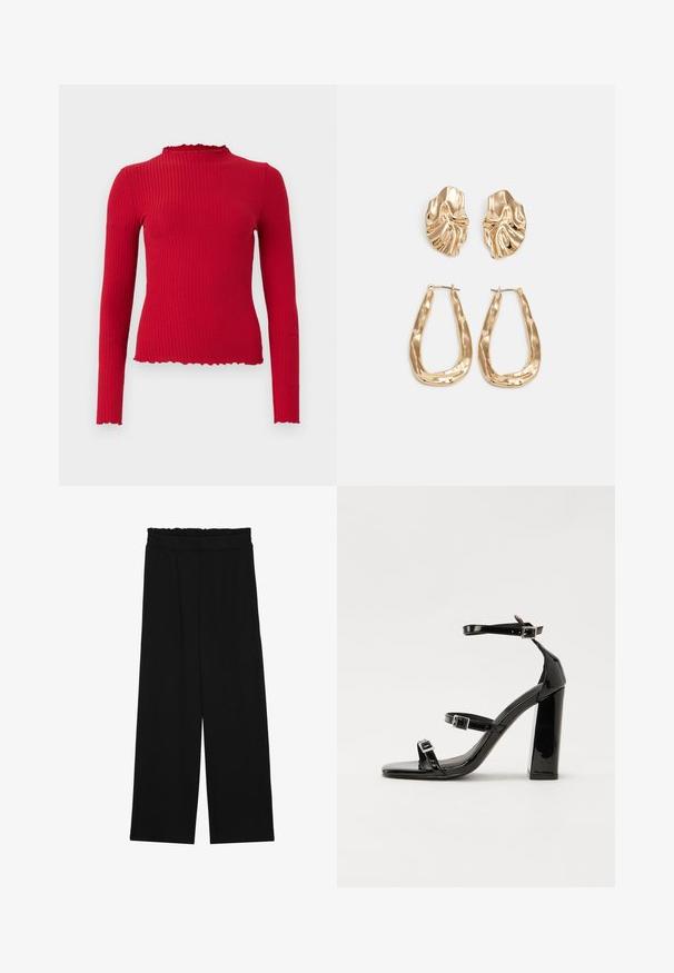 Rode geribbelde langemouwen top met een hoge hals en golvende zoomranden, voorzien van een aansluitende pasvorm en een gladde textuur.; Zwarte wijde broek met een gerimpelde tailleband, voorzien van twee zijzakken en een soepele, lichte stof. Geen zichtbare patronen of hardware.; Zwarte gepatenteerde sandalen met hak en een vierkante neus, enkelbandjes en zilveren gespen. Heeft een stevige blokhak voor stabiliteit.; Gouden oorbellen met een getextureerd, golvend ontwerp. Bevat sculpturale clip-on studs en een open ringontwerp met een gehamerd oppervlak.