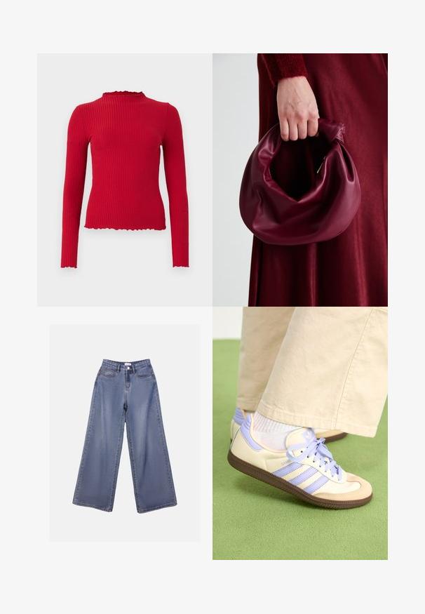 Red ribbed long-sleeve top with a high neckline and scalloped hem edges, featuring a fitted shape and smooth texture.; Wide-leg denim jeans in a light blue wash, featuring a high waist, front pockets, and a button closure with belt loops.; Cream and lavender sneakers with three stripes and a textured brown sole, featuring laces and a padded heel. Soft fabric upper.; Burgundy leather handbag with a soft, gathered design and a rounded shape. The handle is secured, showcasing a smooth texture.