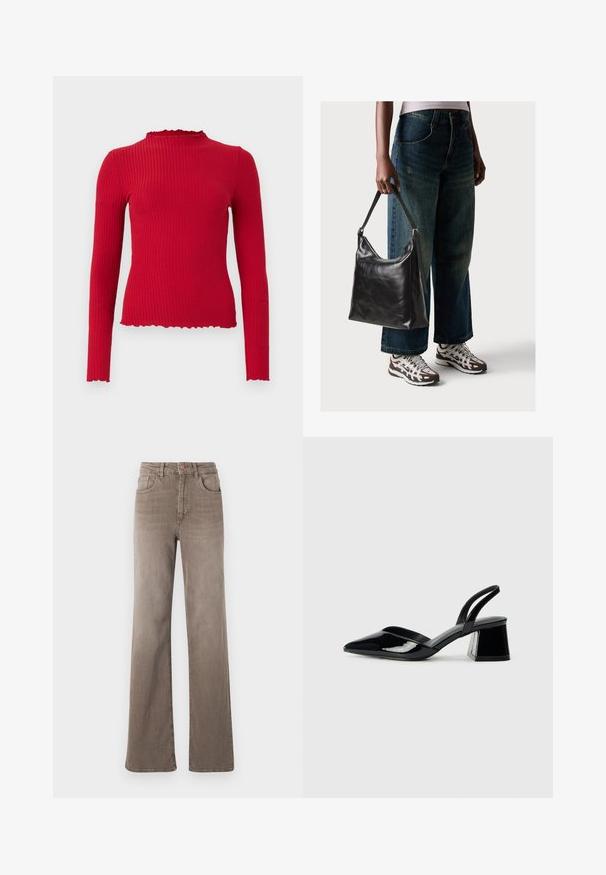 Red ribbed long-sleeve top with a high neckline and scalloped hem edges, featuring a fitted shape and smooth texture.; Brown high-waist straight-leg jeans with front button, belt loops, and classic five-pocket design on a white background.; Black patent leather slingback heels with a pointed toe and a geometric block heel. Features a sleek, minimal design and smooth texture.; Black leather shoulder bag with a smooth texture and adjustable strap, paired with faded wide-leg jeans and athletic sneakers.