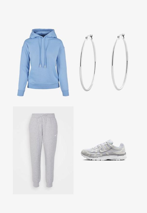 Světle modrá mikina s kapucí vyrobená z jemné tkaniny se šňůrkou na kapuci, žebrovanými manžetami a lemem, uvolněným střihem a minimálními detaily.; Světle šedé tepláky s nastavitelným pasem, zužujícími se nohavicemi a malým bílým logem na levém stehně. Vyrobené z měkké, strukturované látky.; Světle šedé sportovní boty s vrchní částí z síťoviny a syntetického materiálu, vybavené šněrováním, polstrovaným límcem a texturovanou podrážkou pro lepší přilnavost.; Stříbrné kruhové náušnice s hladkým, leštěným povrchem a bezšvým designem, s zaoblenými hranami a bezpečným zapínáním.