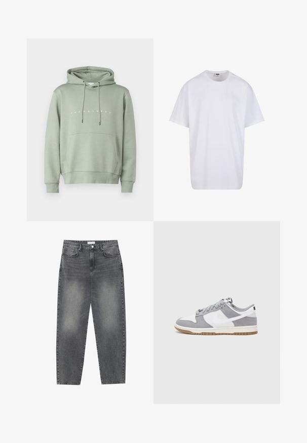 Jasnozielona bluza z kapturem i przednią kieszenią, regulowanym kapturem na sznurki oraz białym logo "JACK & JONES" na klatce piersiowej. Gładka tekstura.; Biała bawełniana koszulka z krótkimi rękawami, okrągłym dekoltem, luźnym krojem i bez widocznych logo lub wzorów. Gładka tekstura i minimalistyczny design.; Jeansy z wysokim stanem, luźne, w wyblakłym czarnym deninie. Posiadają pięć kieszeni, szlufki na pasek oraz prosty, klasyczny krój nogawek.; Szare i białe trampki z zamszową i skórzaną cholewą, okrągłym noskiem, płaskimi sznurówkami i gumową podeszwą z akcentem w kolorze gumy.