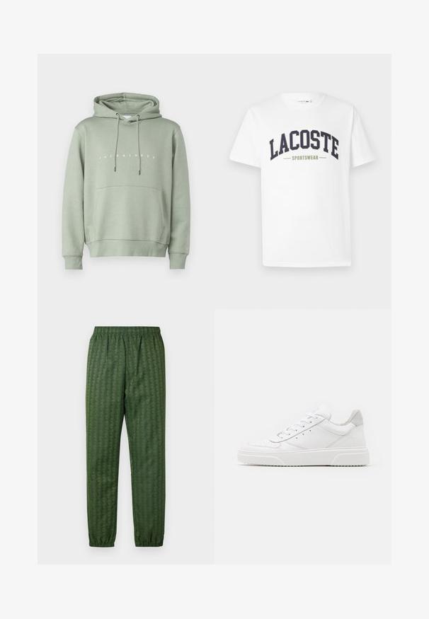 Világoszöld kapucnis pulóver elülső zsebbel, állítható húzózsinórral a kapucnin, és fehér "JACK & JONES" felirattal a mellkasán. Sima textúra.; Fehér, pamut póló, melyen egy kék és olíva zöld "LACOSTE SPORTSWEAR" logó található, ívelt formában a mellkas közepén.; Zöld mintázatú sportnadrág, rugalmas derékkal, csekkelt lábakkal és geometriai mintázattal. Könnyű anyagból készült.; Fehér bőr sportcipő sima felülettel, kerek orral, lapos fűzőkkel és textúrált talppal. Szürke velúr díszítés a saroknál.