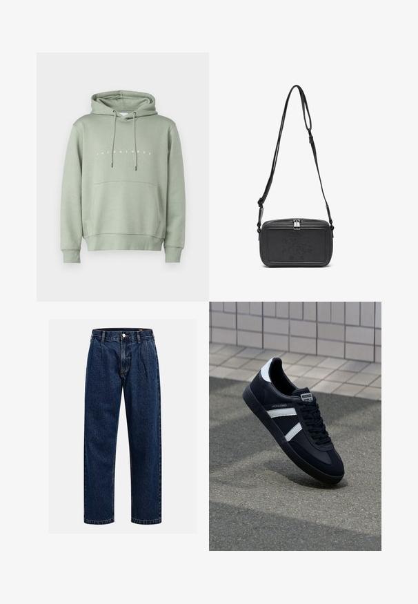 Hele roheline kapuutsiga pusa, esi-tasku, reguleeritav pael ja valge "JACK & JONES" logo rinnas. Sile tekstuur.; Tumed sinine denimiteksad sirge lõikega. Omavad nähtavat tikandit, nuppe sulgemiseks ning ees olevaid voldikesi lisadetailiks.; Must have musta sneaker musta valgete triipudega, tekstuurne kummitald ja nööridega esiosa. Omab bränditud märki keele peal.; Musternast mustriga nahast ristiõlgadega kott, millel on tõmbluku sulgemine, esiküljel on sissepressitud logo ja reguleeritav rihm. Sile tekstuur ja ristkülikukujuline kuju.